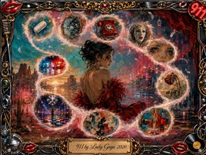 A glamorous woman in crimson feathers sits amid a surreal dreamscape of glowing memory bubbles, emergency lights, a red telephone, masks, pills, roses, and fractured reflections. Turquoise, scarlet, gold, and black create a dramatic, uneasy mood, while painterly textures, luminous highlights, and an ornate musical frame intensify the theatrical composition.