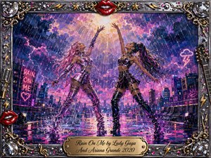 Two glamorous performers dance triumphantly on a rain-soaked rooftop beneath a glowing storm sky, reaching toward radiant light. Electric pink, violet, blue, silver, and gold reflections shimmer across puddles and city neon. Expressive acrylic textures heighten the euphoric, resilient mood, framed by chrome, gold filigree, red lips, stars, microphones, and disco details.