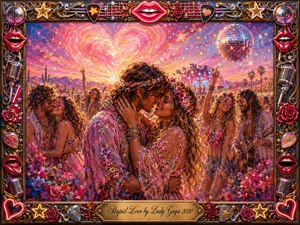 A romantic hippie couple embraces beneath a glowing heart-shaped sunset at a vibrant desert music festival. Pink, violet, gold, and coral tones shimmer through painterly textures, flowers, disco lights, guitars, and cheering crowds. An ornate music-themed frame surrounds the dreamy scene, with an engraved Stupid Love title plate below.
