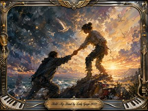 Two figures clasp hands across a rugged seaside cliff as golden sunrise breaks through storm-darkened clouds, symbolizing rescue, courage, and hope. Rich oil-like brushwork blends deep blues, charcoal, amber, and cream. Birds, musical notes, and glowing highlights surround them, framed by ornate chrome-and-gold music motifs and an engraved title plate.