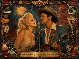 A glamorous singing couple shares a vintage microphone in an intimate, romantic performance, surrounded by deep blue and amber light. Rich oil-paint textures create warmth and nostalgia, while guitars, roses, records, tickets, photographs, red lips, and ornate gold filigree form an elaborate musical frame around the tender central scene.