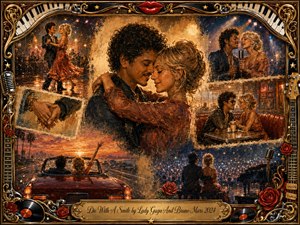 A richly textured romantic collage portrays a glamorous couple embracing, dancing, singing, dining, driving, and sharing a concert stage beneath glowing golden light. Deep reds, black, bronze, and amber create a warm nostalgic mood. Ornate chrome-and-gold musical framing, roses, piano keys, guitars, vinyl records, and a scripted title plate complete the vintage painted composition.