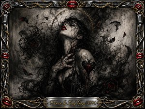 A pale, dark-haired woman emerges from swirling charcoal smoke, clutching her chest beneath a thorned halo as crimson lips, roses, and fractured heartlike veins pierce the monochrome gloom. Dramatic shadowed lighting intensifies the feverish, seductive mood, while an ornate chrome-and-gold rock-inspired frame surrounds the gothic, richly textured composition.