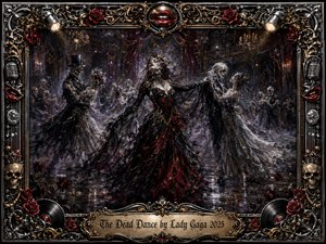 A gothic ballroom swirls with ghostly dancers around a commanding woman in a black-and-crimson gown, creating a theatrical mood of danger, elegance, and resurrection. Smoky silver light, deep reds, and shadowy blacks heighten the drama. Ornate chrome-and-gold framing, roses, skulls, records, microphones, and vivid red lips complete the macabre painting.