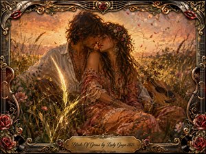 A romantic couple embraces in a sunlit meadow of tall grass and wildflowers, glowing with amber, rose, and bronze tones. Warm sunset light creates a tender, nostalgic mood in richly textured painterly style. An ornate musical frame of guitars, roses, strings, records, and gold filigree surrounds the intimate scene.
