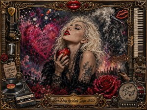 A glamorous blonde woman clutches a crimson heart amid roses, smoky concert imagery, guitars, microphones, records, and glowing red lips. Rich blacks, deep reds, and antique gold create a seductive, obsessive mood, while dramatic highlights and shadow enhance the ornate mixed-media rock-romance collage framed with intricate metallic detail.