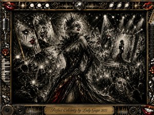 A glamorous, darkly theatrical celebrity stands beneath harsh spotlights, surrounded by fractured mirrors, flashing cameras, and shadowy crowds. Deep charcoal blacks, metallic gold, and vivid red lips create a dramatic palette. The richly textured mixed-media style feels gothic and decadent, framed with musical motifs, roses, chrome details, and a polished engraved title plate.