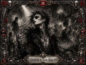 A gothic, charcoal-textured portrait centers a glamorous undead figure beneath a stark spotlight, surrounded by smoky musicians and shadowy dancers. Black, gray, crimson, and antique gold dominate the theatrical scene. An ornate frame of roses, skulls, microphones, chains, speakers, and red lips encloses the dramatic artwork and engraved title plate.