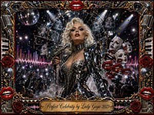 A glamorous pop icon commands a glittering concert stage, wrapped in fractured mirror armor beneath blazing spotlights and disco balls. Surrounded by cameras, masks, red lips, roses, microphones, and gold chrome ornament, the composition feels theatrical, seductive, and unsettling. Black, silver, crimson, and gold create a decadent, high-fashion surrealist spectacle.