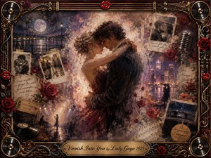 A passionate couple embraces beneath warm moonlit city lights, surrounded by faded photographs, roses, handwritten memories, and musical relics. Rich burgundy, gold, charcoal, and violet tones glow through painterly textures, blending oil, acrylic, and watercolor effects. An ornate rosewood-and-chrome frame reinforces the nostalgic, romantic atmosphere.