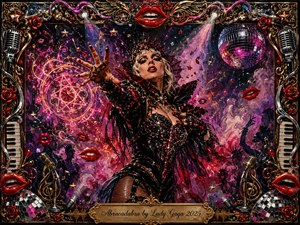 A glamorous enchantress dominates a surreal concert stage, reaching forward as glowing magical symbols swirl through violet smoke and glittering light. Deep blacks, crimson reds, hot pinks, gold, and chrome create a seductive, theatrical mood. Ornate microphones, roses, piano keys, disco mirrors, red lips, and gilded details frame the acrylic-style composition.