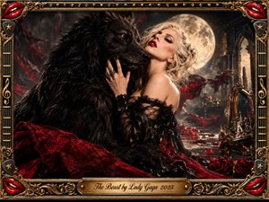 A platinum-blonde woman embraces a massive black wolf beneath a glowing full moon in a ruined gothic setting. Deep crimson fabric, roses, mist, and golden highlights create a seductive, mysterious mood. Dramatic cinematic lighting emphasizes glossy textures, while an ornate black-and-gold musical frame and engraved title plate complete the theatrical composition. SongData_The_Beast_Lady_Gaga_2025