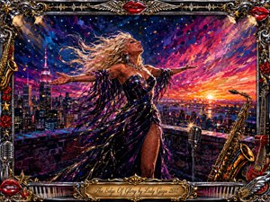 A glamorous blonde performer stands triumphantly on a rooftop above a glowing city, arms outstretched beneath a dramatic violet, magenta, and orange dawn sky. Rich acrylic textures, sparkling highlights, saxophone and microphone details, and an ornate chrome-and-gold musical frame create an exhilarating mood of freedom, passion, and radiant victory.
