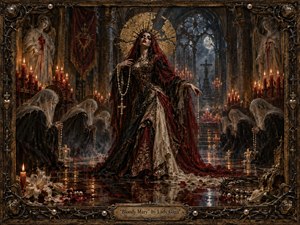 A regal, veiled woman stands at the center of a candlelit Gothic cathedral, surrounded by kneeling mourners, sacred statues, and blood-red reflections across a glossy marble floor. Rich crimson, black, and antique gold dominate the dramatic oil-painted scene, while moonlight, lilies, pearls, and thorned ornament deepen its haunted, ceremonial intensity.