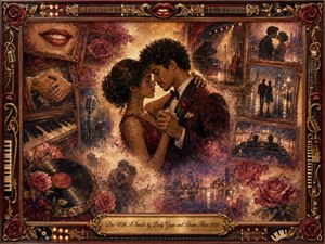 A tender couple slow-dances at the heart of a nostalgic romance collage, surrounded by framed memories of roses, piano keys, vinyl, microphones, city lights, and quiet embraces. Warm burgundy, rose, gold, and cream tones glow beneath candlelike lighting, while layered oil, acrylic, and watercolor textures create a dreamy, timeless atmosphere.