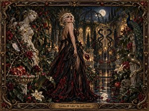 A statuesque blonde woman in a sweeping black-and-crimson gown stands at the center of a moonlit, gothic garden, surrounded by roses, serpents, a peacock, cracked marble statuary, and glowing glass architecture. Rich reds, dark greens, and antique gold dominate, while dramatic lighting and painterly textures create a lush, sensual, dangerous atmosphere.