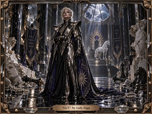 A regal, platinum-haired figure in sculptural black and silver couture commands a ruined Art Deco palace, surrounded by shattered marble statues, chess pieces, pearls, and a luminous white horse. Cool violet, steel, and gold tones glow beneath dramatic skylight beams, creating a powerful, mysterious, cinematic mixed-media atmosphere of elegance, control, and reinvention.