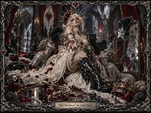 A commanding pale figure in ivory couture sits amid a decadent gothic ballroom, surrounded by silver statues, cracked mirrors, roses, pearls, and thorned crowns. Deep reds, black, silver, and white glow under candlelight and icy highlights. The ornate baroque frame reinforces the seductive, dangerous atmosphere of obsessive romance.