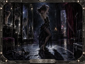 A solitary dancer twists in a shadowy backstage lounge, framed by cracked mirrors, velvet curtains, and a rain-lit city window. The mood is sultry, haunted, and intimate, with deep blues, blacks, and burgundy tones. Reflective floors, scattered heels and feathers, and painterly noir lighting heighten the scenes glamour, vulnerability, and dramatic tension.
