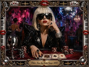 A glamorous woman with platinum hair and vivid red lips sits confidently at a casino table, hiding emotion behind dark mirrored sunglasses. Poker chips, playing cards, and a reflective glass fill the foreground beneath neon magenta, blue, and crimson lighting. Painterly oil textures, disco reflections, chrome, gold ornamentation, dice, microphones, and piano keys create seductive mystery.