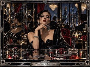 A poised woman with an unreadable expression dominates a luxurious Art Deco casino, surrounded by mirrored reflections, poker chips, cards, velvet drapery, chandeliers, and a glowing city skyline. Deep blacks, crimson, silver, and warm gold create seductive tension, while glossy mixed-media textures and fractured reflections suggest glamour, control, secrecy, and emotional concealment.