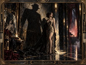 An elegant woman in a shimmering gown stands in a dark, theatrical corridor, her figure emerging from warm gold light as the towering shadow of a man looms behind her. Cracked mirrors, red roses, velvet drapery, and glossy marble floors create a tense, glamorous noir scene rendered in richly textured, painterly detail.