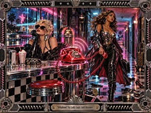 A neon-soaked retro diner scene glows with hot pink, cyan, and chrome as two glamorous women command the composition, one lounging coolly at the counter, the other striding through a motel corridor. A radiant red rotary phone anchors the drama, while rain, reflections, checkerboard floors, and ornate metallic framing heighten the cinematic pop-noir mood.