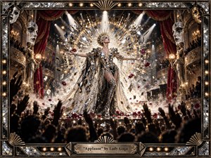A dazzling performer stands center stage in an opulent theater, arms outstretched beneath a radiant burst of mirrored gold and white light. Crimson curtains, shadowed applauding crowds, floating roses, confetti, and reflective shards create ecstatic spectacle. Rich black, silver, gold, and red tones blend cinematic realism with ornate art-deco theatrical fantasy.