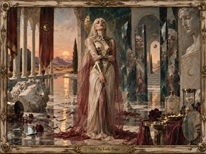 A regal woman stands within a surreal marble temple, surrounded by shattered mirrors, classical statues, roses, and reflective pools. Warm sunset light contrasts with deep teal, ivory, burgundy, and gold tones. The mood is fractured yet controlled, rendered in a richly detailed, dreamlike classical style with symbolic reflections and ornate framing.