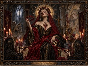 A regal woman in crimson and black presides over a candlelit Gothic sanctuary, crowned by a radiant halo and thorned symbolism. Deep reds, tarnished gold, smoke, roses, skulls, and moonlit stone create a solemn, haunted mood. Rich painterly textures, dramatic chiaroscuro, and ornate framing evoke dark religious iconography and theatrical grandeur.