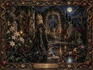 A moonlit woman in a flowing black-and-gold gown stands within an opulent, overgrown garden framed by gilded vines and serpents. Marble statues, lilies, pomegranates, a peacock, and reflective water surround her beneath deep blue skies. Warm lantern light and metallic highlights create a lush, mysterious, decadent atmosphere.