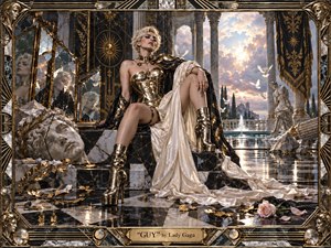 A commanding woman in gleaming gold armor sits on a black-and-white marble throne within a ruined classical palace. Warm sunset light pours through towering columns, reflecting across polished floors and gilded details. Shattered statues, mirrors, white doves, roses, and flowing ivory fabric create a luxurious, theatrical atmosphere of power, desire, and controlled vulnerability.