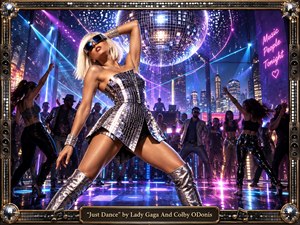 A glamorous silver-clad dancer commands a crowded neon nightclub beneath a huge mirrored disco ball, surrounded by pulsing violet, blue, and pink lights. The energetic composition blends cinematic photography with polished digital realism, featuring reflective floors, laser beams, a glowing city skyline, dancing figures, and an ornate music-themed metallic frame.