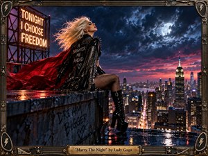 A defiant platinum-haired woman sits on a rain-slick rooftop above a glowing nighttime city, wrapped in black sequins and a sweeping red cape. Storm clouds, moonlight, neon signs, and wet reflections create a dramatic, rebellious mood. The cinematic digital painting is framed with ornate dark metal and a brass title plate.