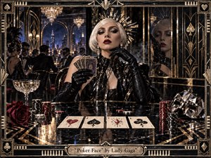 A poised woman in glittering black attire sits at a luxurious Art Deco casino table, holding cards with an unreadable expression. Gold, black, crimson, and mirrored surfaces create a seductive, mysterious mood. Chandeliers, poker chips, roses, masks, and geometric details glow beneath dramatic evening light and a richly ornamented frame.