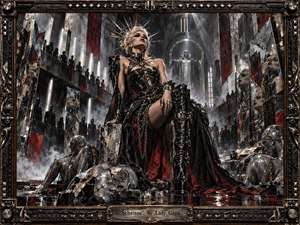 A commanding blonde woman in glossy black leather dominates a vast industrial cathedral filled with fractured mirrors, shadowy figures, smoke, and sculptural forms. Black, silver, deep red, and tarnished gold create a confrontational mood, while sharp overhead light, reflective surfaces, distressed metal textures, and gothic details give the scene a decadent, rebellious intensity.