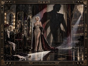 A glamorous woman in a shimmering gown stands backstage between a glowing vanity and a darkened theater, while an enormous male shadow looms behind her. Rendered in a richly detailed, Art Deco-inspired painterly style, the image glows with gold, black, and crimson tones, smoky light, mirrored reflections, and theatrical elegance.