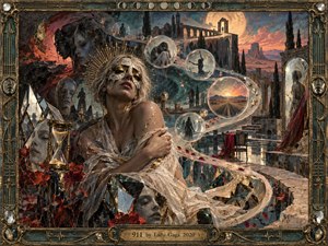 A fractured, dreamlike woman stands amid mirrored faces, glass spheres, ruins, and a winding path beneath a glowing moon. Teal, gold, crimson, and ivory tones create an uneasy, theatrical atmosphere. Ornate metallic framing, reflective surfaces, cracked textures, and soft sunset light blend surreal symbolism with richly detailed, handcrafted fantasy realism.