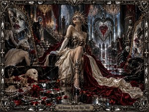 A regal woman in an ornate metallic crown and flowing crimson gown commands a decadent gothic hall filled with masked figures, shattered mirrors, roses, candles, and a suspended heart-shaped cage. Black, silver, ivory, and blood-red tones glow under dramatic chandelier light, creating a luxurious, dangerous atmosphere of obsession and theatrical romance.