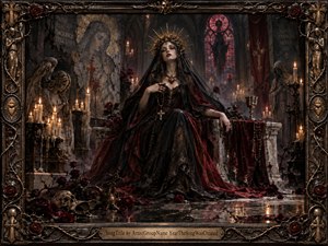 A regal woman in black and crimson robes sits within a candlelit Gothic chapel, crowned by a radiant golden halo. Deep reds, bronze, and shadowy stone create a solemn, seductive mood. Roses, skulls, statues, stained glass, and dripping candles surround her, rendered with richly textured, dark romantic realism.