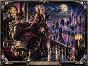 A glamorous woman in a flowing black gown stands above a rain-slicked neon city, surrounded by moonlight, magenta reflections, and towering Art Deco architecture. The mood is euphoric and decadent, with dramatic golden lighting, glossy textures, and sweeping fabric creating motion. An ornate metallic frame completes the cinematic, handcrafted composition.