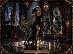A lone dancer in a torn black gown moves through a decaying Art Deco ballroom, surrounded by shattered mirrors, burgundy drapery, chandeliers, and distant city lights. Cold moonlight and warm gold reflections create a tense, nocturnal mood, while the ornate metallic frame, polished floor, roses, and fractured reflections deepen the gothic elegance.