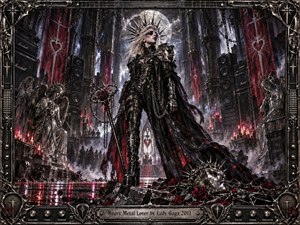 A commanding armored woman stands inside a vast gothic cathedral transformed into a dark industrial sanctuary. Black metal, crimson banners, chains, roses, speakers, and angelic statues surround her beneath a luminous moon. Cold silver highlights and red candlelight create a dramatic, rebellious mood, blending heavy-metal fantasy, ornate craftsmanship, and theatrical grandeur.