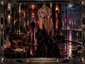 A glamorous woman in a black sequined gown stands in a rain-soaked Art Deco penthouse, glancing back with seductive confidence as a distant figure retreats down a mirrored corridor. Crimson, gold, and violet light shimmer across wet floors, roses, glassware, statues, and the city skyline, creating a luxurious noir atmosphere.