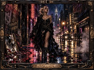 A defiant woman strides through a rain-soaked neon city at midnight, framed by ornate black-and-bronze metalwork. Deep crimson, violet, gold, and electric blue reflections shimmer across the wet pavement. Dramatic streetlights, steam, broken glass, and distant skyscrapers create a rebellious, cinematic mood, rendered in richly textured, painterly realism.