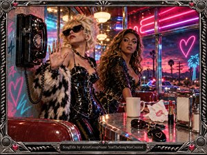 Two glamorous women command a neon-lit roadside diner, surrounded by chrome, red vinyl, and a looming black telephone. Pink and blue lights glow against a desert dusk while distant police cars add tension. Glossy black fashion, reflective surfaces, lipstick, and heart motifs create a rebellious, cinematic pop-noir atmosphere.