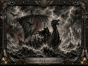 A fierce Viking longship surges through a violent black-and-gray sea beneath branching lightning and storm clouds. Charcoal-like textures create a raw, mythic atmosphere, with ravens circling, icy cliffs looming, and faint red accents glowing through the darkness. An ornate guitar-inspired metallic frame and engraved title plate complete the dramatic composition.