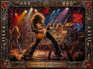 A fiery rock concert explodes with energy as a long-haired guitarist dominates center stage, backed by pounding drums, amplifiers, neon signs, and cheering hands. Rich reds, golds, blues, and smoky blacks glow beneath dramatic spotlights. Thick painterly textures, flying confetti, chrome details, and an ornate music-themed frame create a vivid 1970s rock atmosphere.