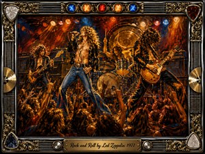 A blazing 1970s rock concert erupts within an ornate chrome-and-gold frame, with singer, guitarist, bassist, and drummer commanding a packed stage. Fiery reds, amber golds, and deep blues glow beneath intense spotlights. Thick oil-paint textures, raised hands, amplifiers, cymbals, guitar picks, and engraved details create explosive, celebratory energy.