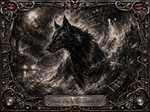 A fierce black hound emerges from swirling charcoal smoke against a shadowy industrial night and distant rock stage. Monochrome blacks, grays, and silvers dominate, accented by ember red and burnished metal. Sweeping string-like curves create rhythmic motion, while an ornate guitar-inspired frame and engraved title plate heighten the dramatic, gritty atmosphere.